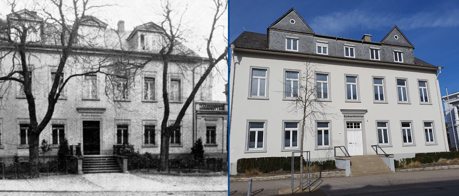 Gebäude der Handwerkskammer Südwestfalen 1924 und 2025 Eine Gegenüberstellung des Verwaltungsgebäudes der Handwerkskammer Südwestfalen 1924 in schwarz-weiß und heute in Farbe.